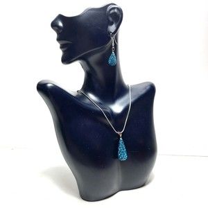 Pave Turquoise Crystal Earrings and Necklace Set Teardrop Dangle Tear Drop